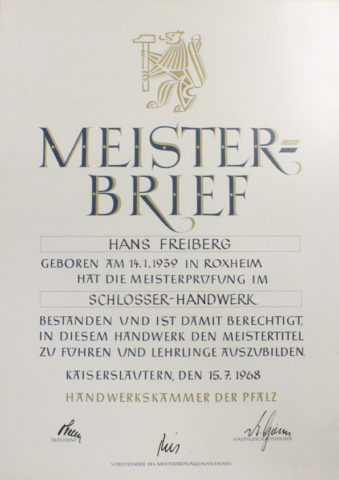 Meisterbrief Hans Freiberg