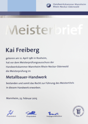 Meisterbrief Kai Freiberg