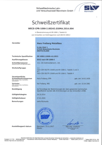 Freiberg Metallbau Schweißzertifikat - Hans Freiberg, SFM - Kai Freiberg IWS