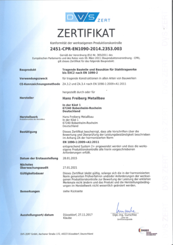 Zertifikat für WPK (werkseigene Produktionskontrolle)